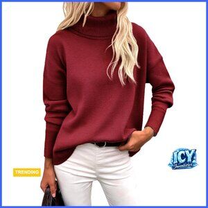 Turtleneck Sweater Chunky Knitted Pullover High Low Hem Oversized Top